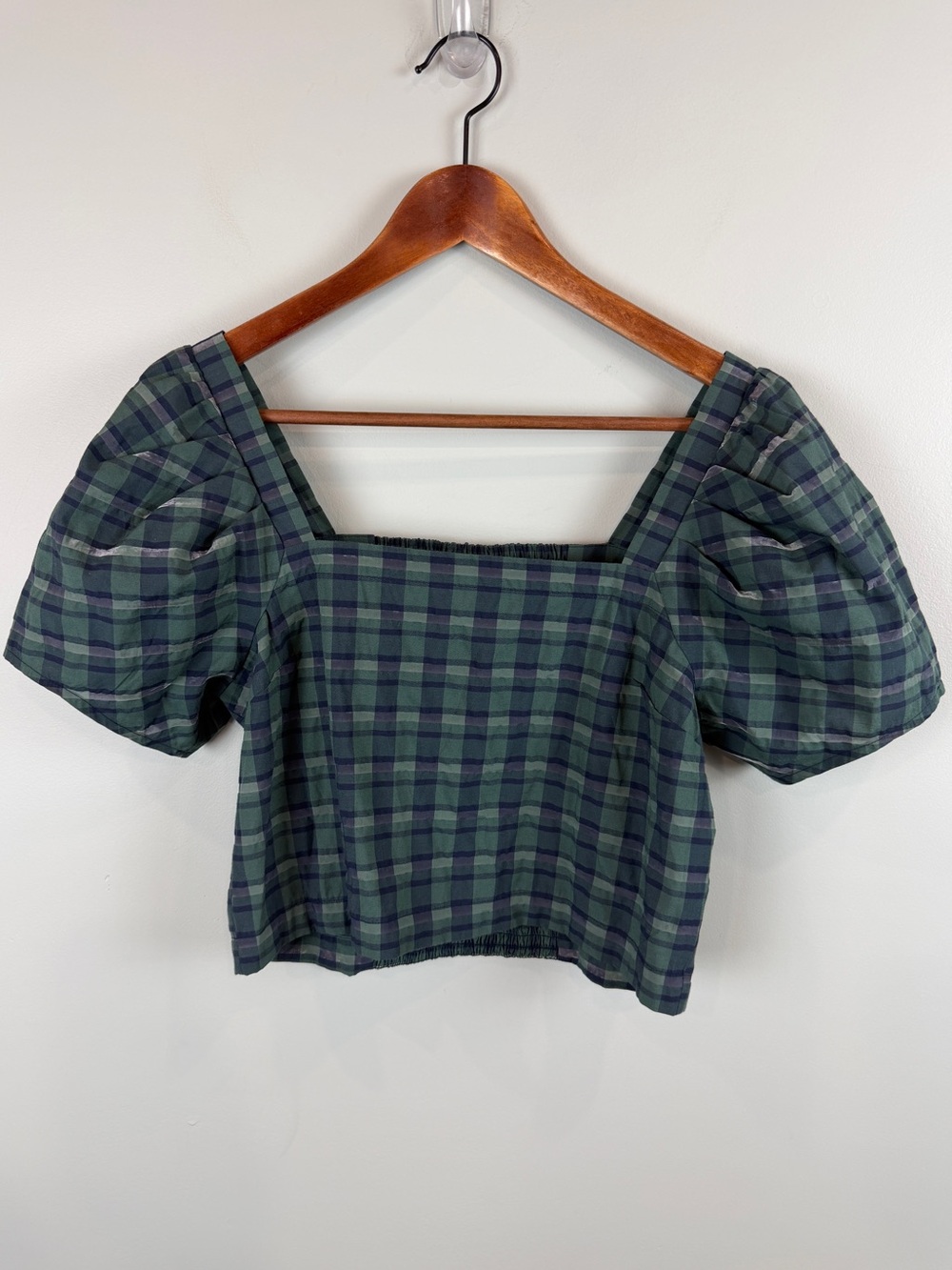 Madewell Hopewell Puff-Sleeve Crop Top in green & blue Plaid size Small